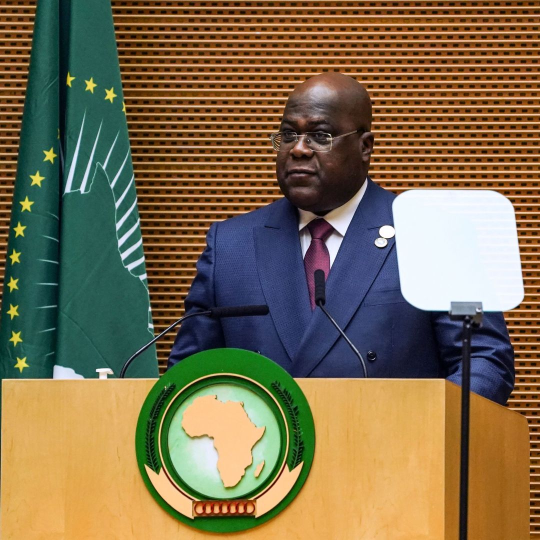 The president of the Democratic Republic of Congo, Felix Tshisekedi, speaks during the African Union (AU) Summit in Addis Ababa, Ethiopia, on Feb. 5, 2022. 