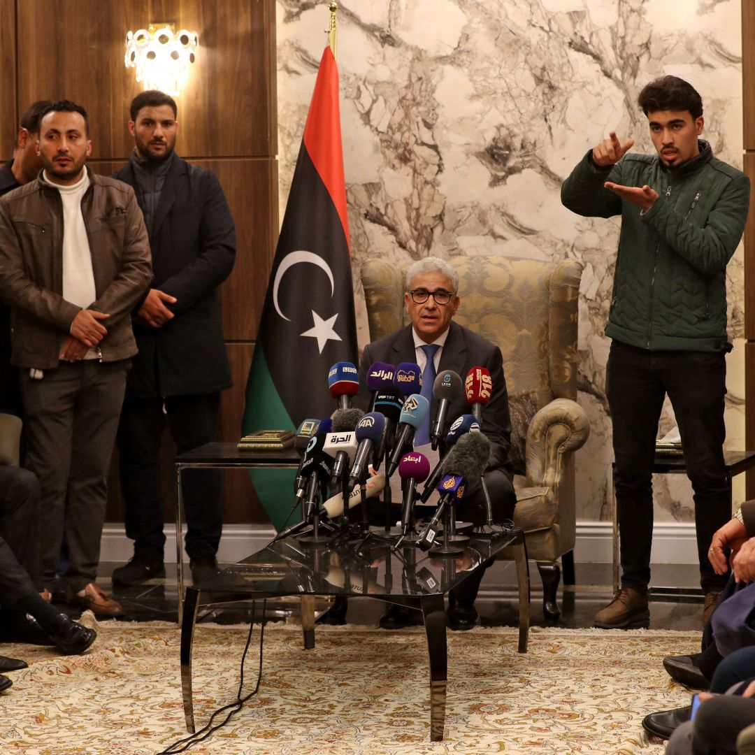Fathi Bashagha delivers a speech in Tripoli, Libya, after east-based lawmakers named him as the head of a new interim government on Feb. 10, 2022.