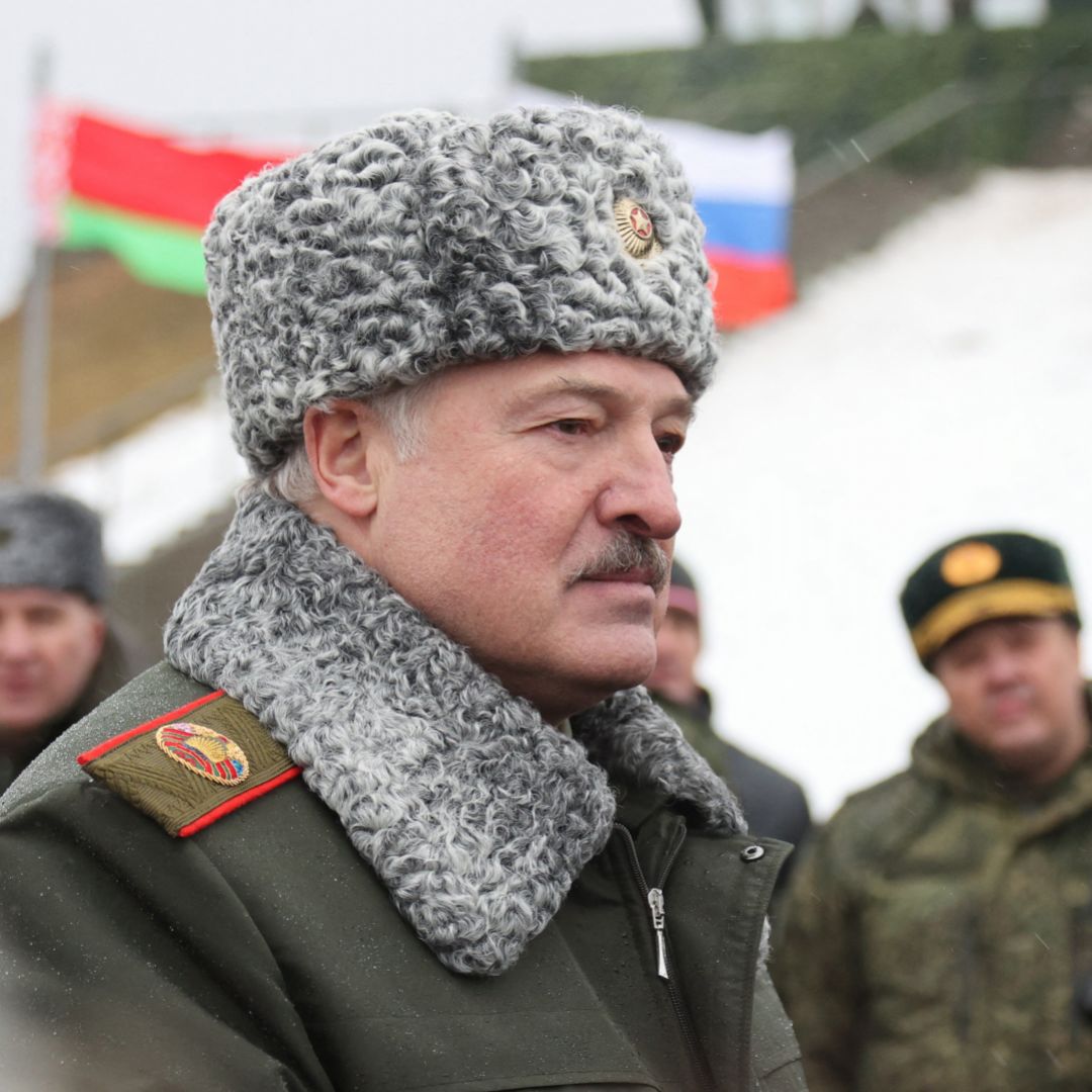 Belarusian President Alexander Lukashenko attends joint exercises of Russian and Belarusian forces at a firing range near a town outside Minsk on Feb. 17, 2022. Belarusian President Alexander Lukashenko attends joint exercises of Russian and Belarusian forces at a firing range near a town outside Minsk on Feb. 17, 2022.