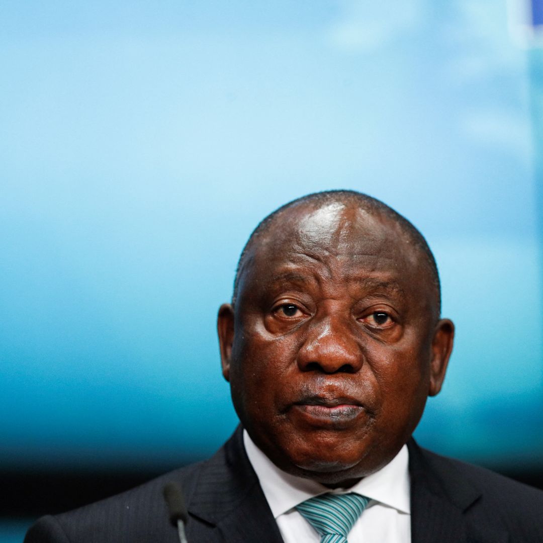 South African President Cyril Ramaphosa gives a statement during a summit at the European Union in Brussels, Belgium, on Feb. 18, 2022. 