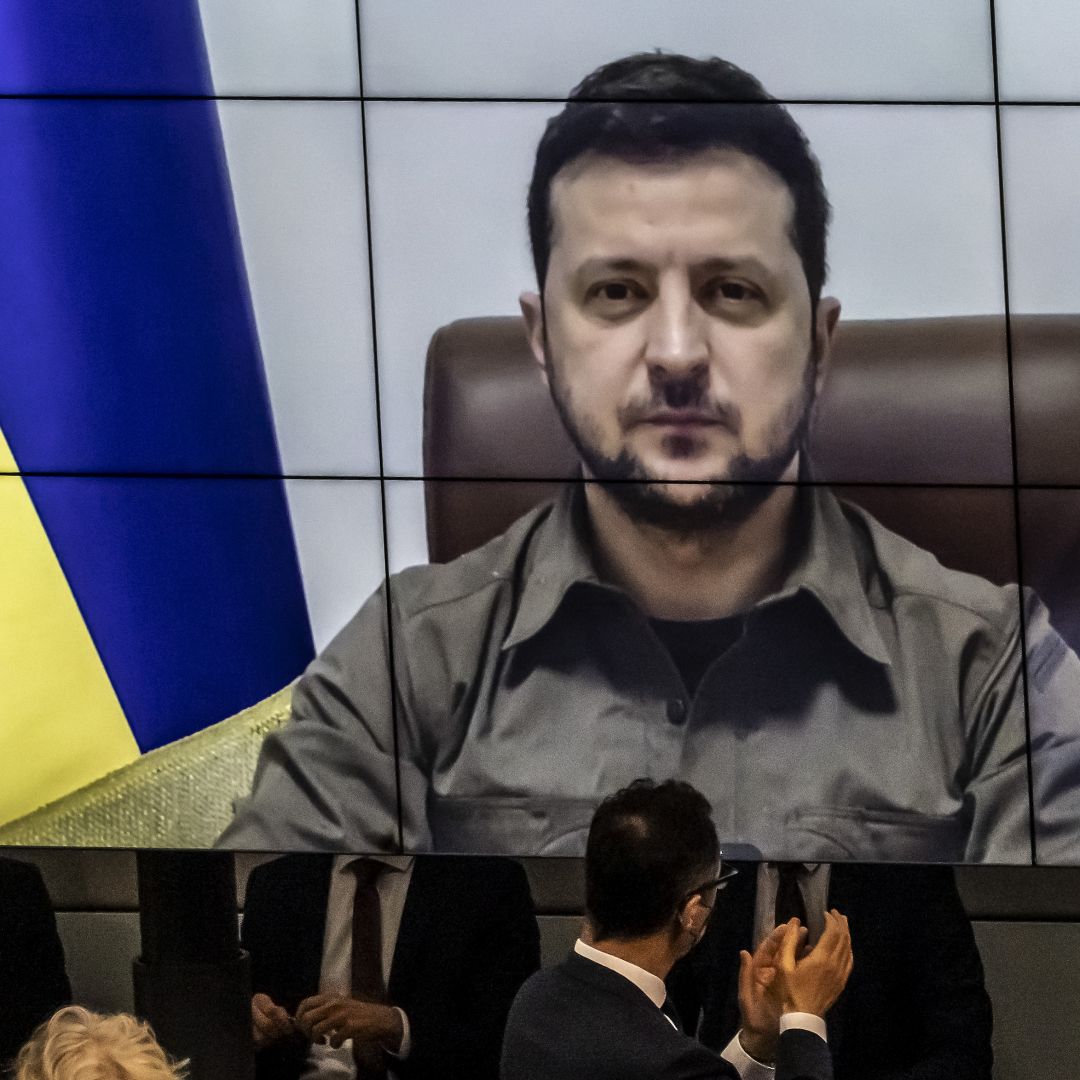 Ukrainian President Volodymyr Zelensky addresses Germany's Bundestag legislature in Berlin via video from the embattled city of Kyiv on March 17, 2022. Ukrainian President Volodymyr Zelensky addresses Germany's Bundestag legislature in Berlin via video from the embattled city of Kyiv on March 17, 2022.