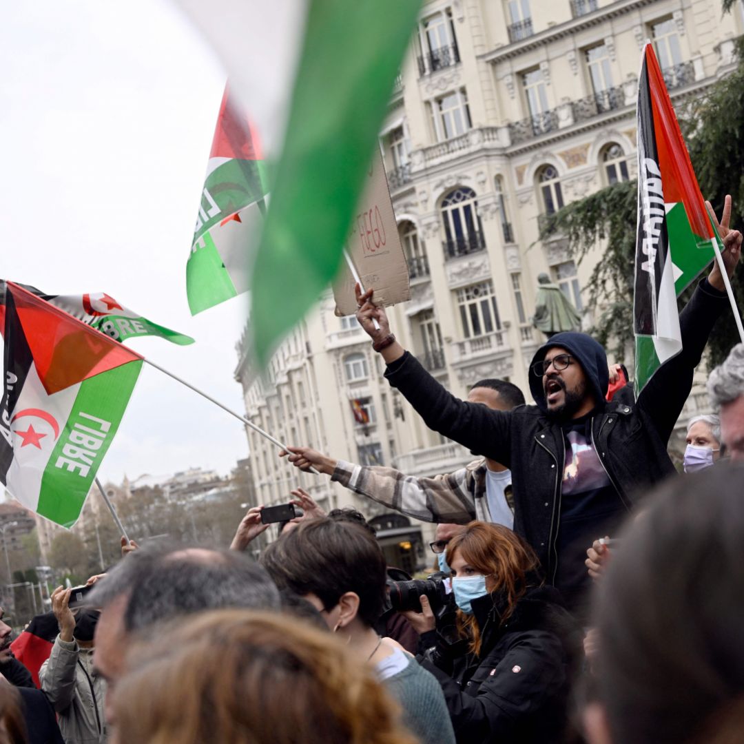 People take part in a ''Free Sahara'' rally in Madrid, Spain, on March 30, 2022, in protest of the Spanish government's recent move to recognize Morocco's autonomy plan for the disputed territory of Western Sahara. 