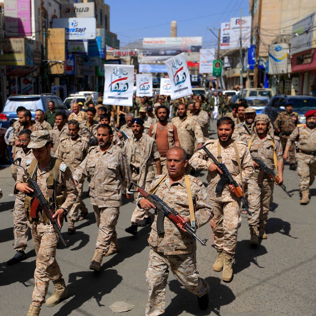 Forces loyal to Yemen's Houthi rebels take part in a military parade in Sanaa on March 31, 2022. 