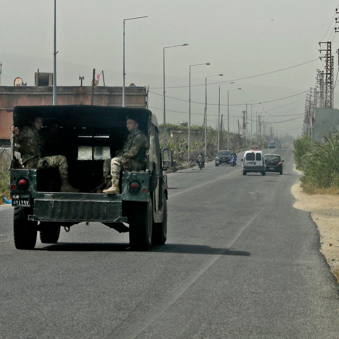 A Lebanese army vehicle patrols a road in a southern Lebanese town close to the border with Israel on April 25, 2022. 