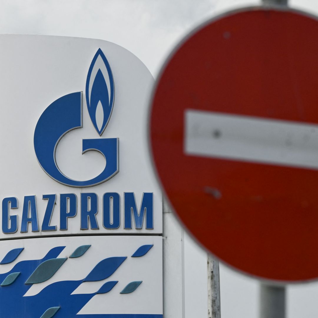 The logo of Russia's energy giant Gazprom is seen at a gas station in Sofia, Bulgaria, on April 27, 2022. 