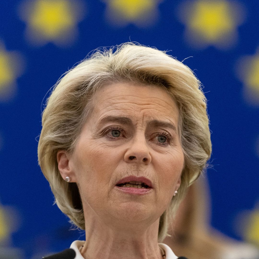 European Commission President Ursula von der Leyen discusses imposing new sanctions against Russia during a plenary session at the European Parliament in Strasbourg, France, on May 4, 2022. 