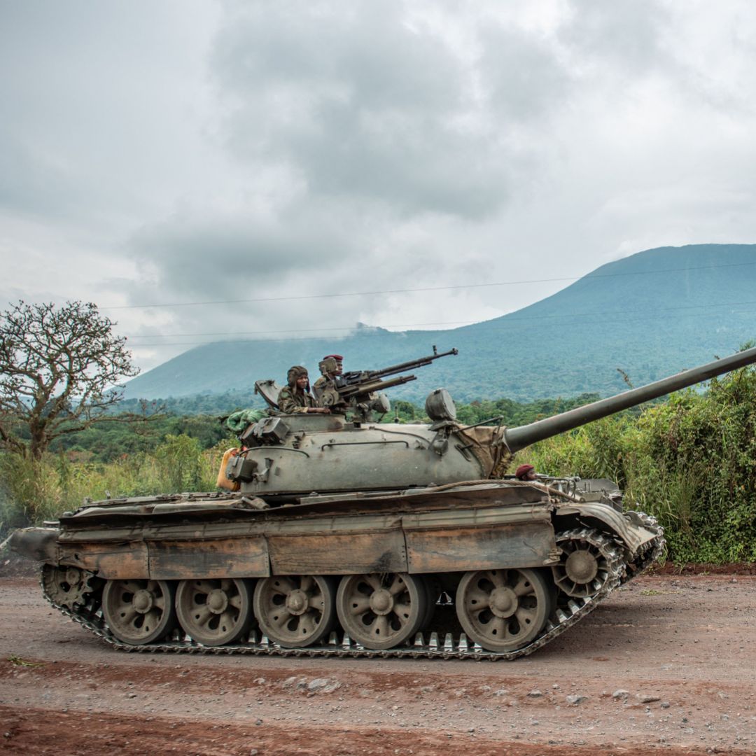 A Congolese army tank heads toward the eastern city of Goma on May 25, 2022, amid clashes with M23 rebels. 