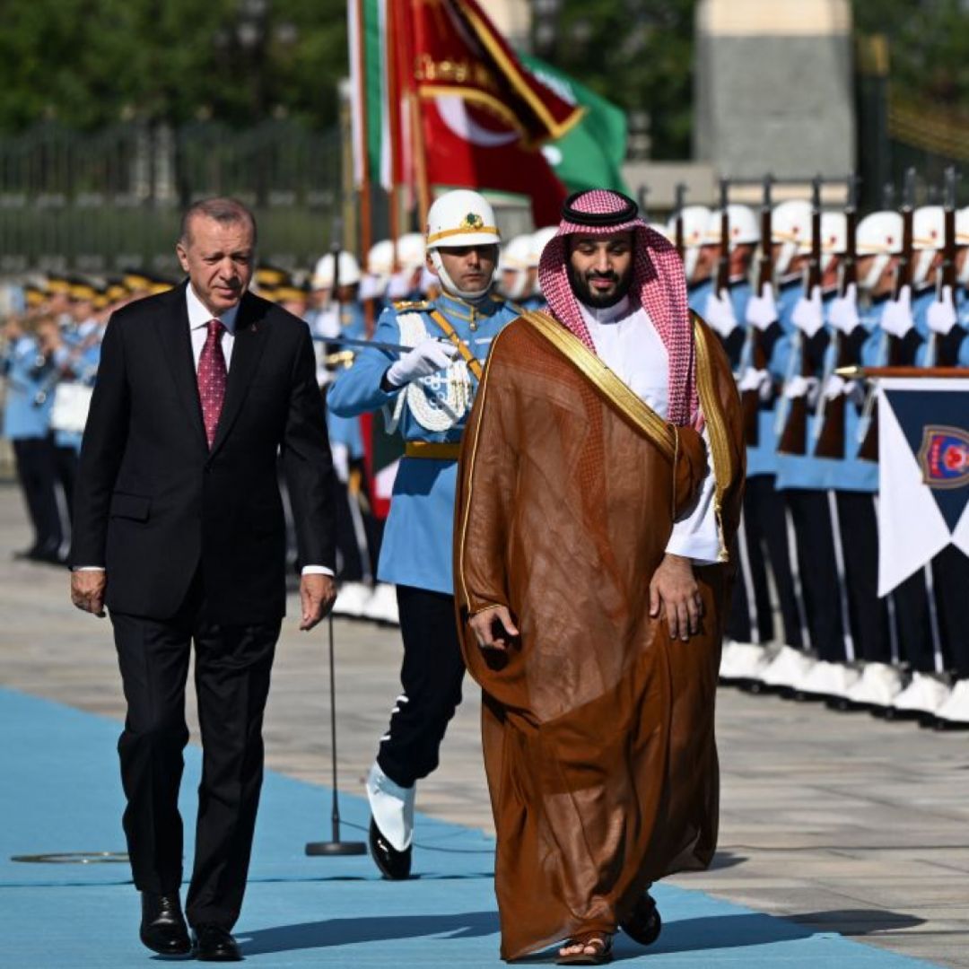 Turkish President Recep Tayyip Erdogan (L) and Saudi Crown Prince Mohammed bin Salman (R) inspect the honor guard during an official welcoming ceremony at the presidential complex in Ankara, Turkey, on June 22, 2022. Turkish President Recep Tayyip Erdogan (L) and Saudi Crown Prince Mohammed bin Salman (R) inspect the honor guard during an official welcoming ceremony at the presidential complex in Ankara, Turkey, on June 22, 2022.