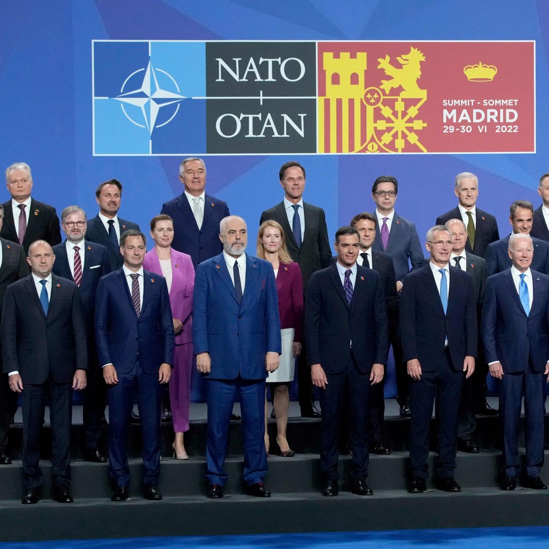 Heads of state pose for a group photo at the NATO summit in Madrid, Spain, on June 29, 2022. Heads of state pose for a group photo at the NATO summit in Madrid, Spain, on June 29, 2022.