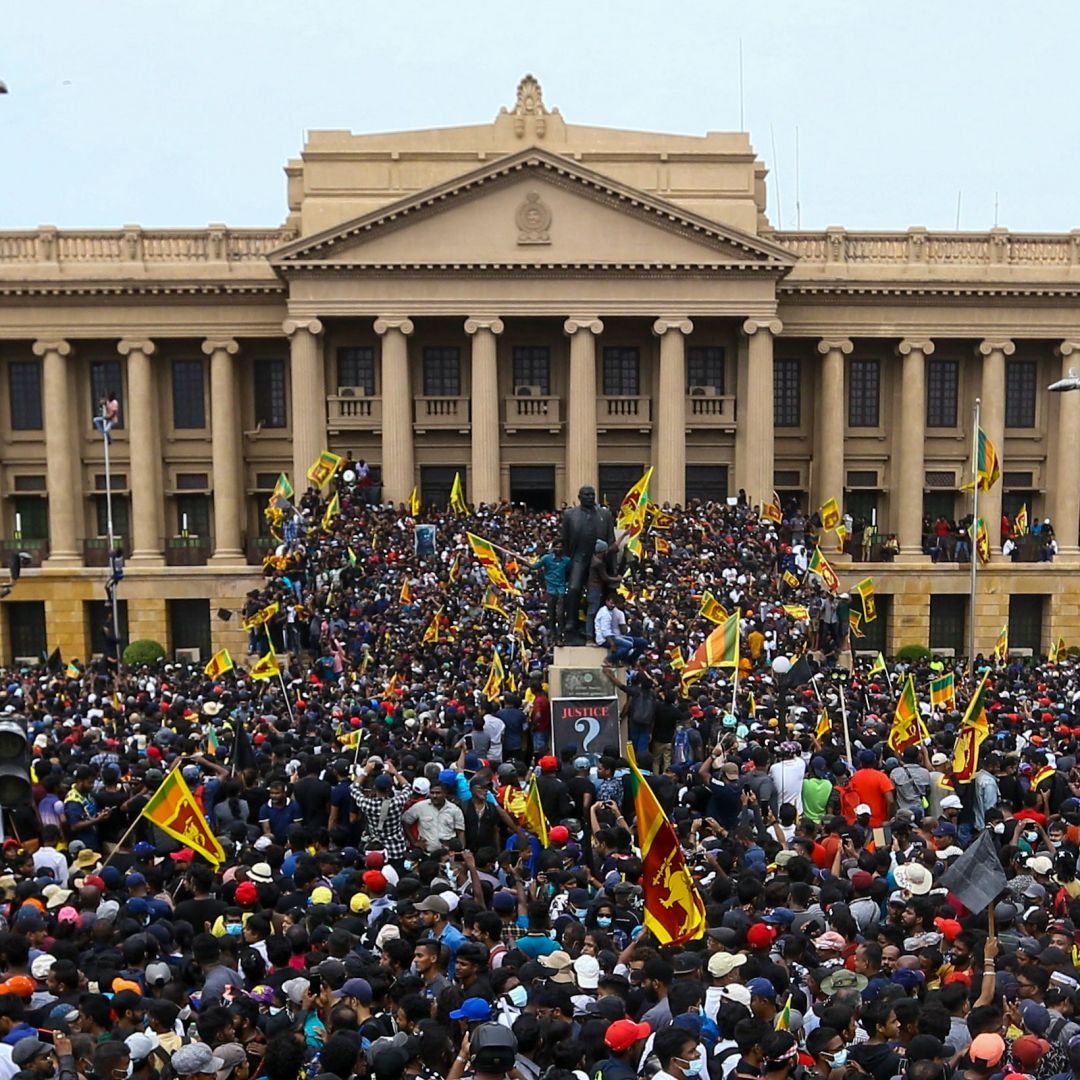Anti-government protesters gather outside the presidential palace in Colombo, Sri Lanka, on July 9, 2022. Anti-government protesters gather outside the presidential palace in Colombo, Sri Lanka, on July 9, 2022.