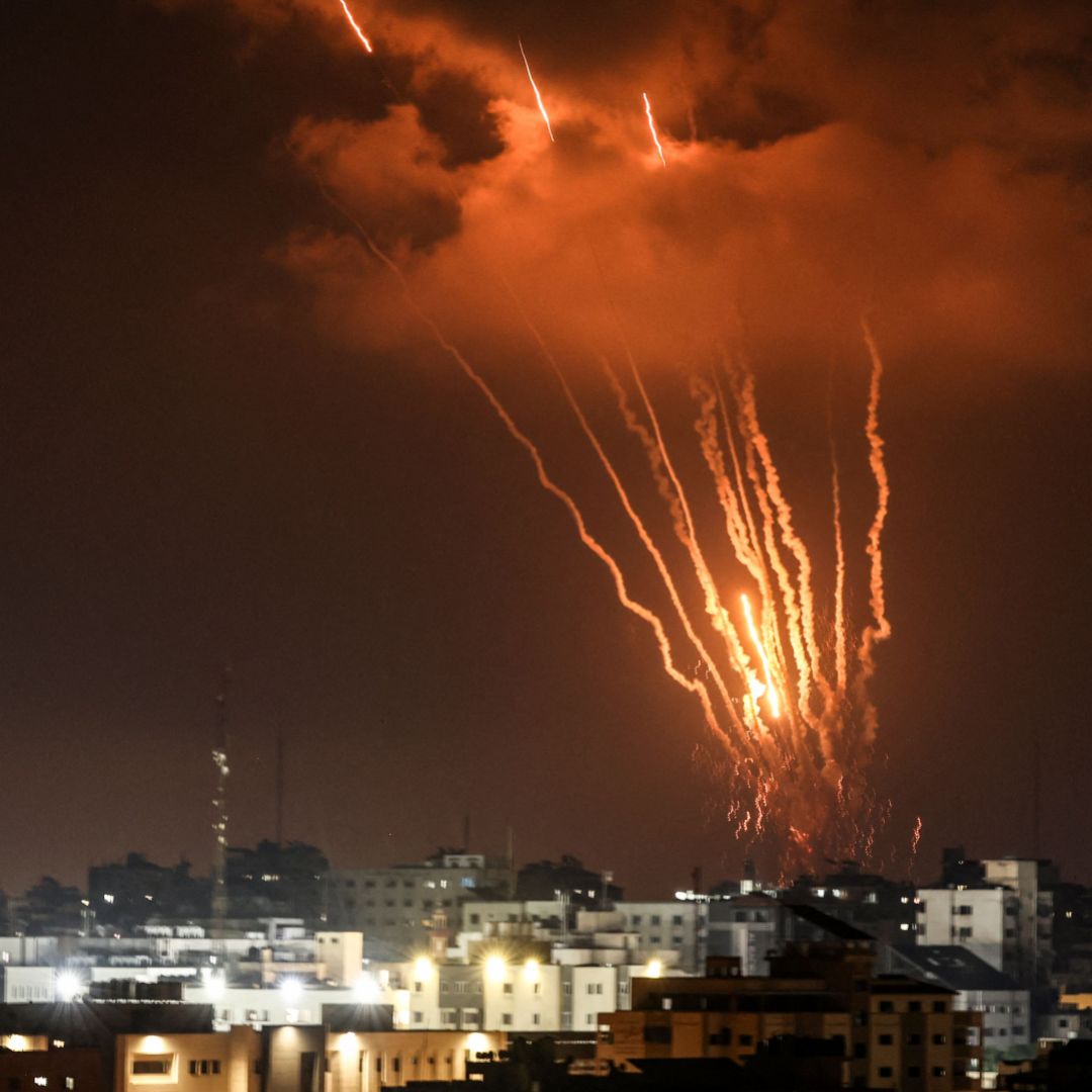 A picture taken on Aug. 5, 2022, shows Palestinian rockets being fired from Gaza City in response to earlier Israeli airstrikes.