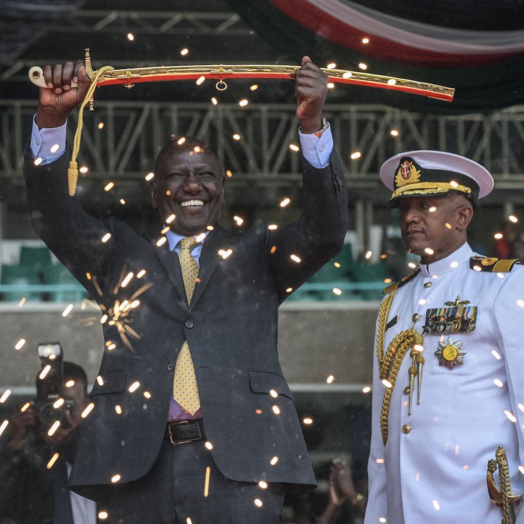 Incoming Kenyan President William Ruto lifts a sword at the Moi International Sports Center Kasarani in Nairobi, Kenya, during his inauguration ceremony on Sept. 13, 2022. Incoming Kenyan President William Ruto lifts a sword at the Moi International Sports Center Kasarani in Nairobi, Kenya, during his inauguration ceremony on Sept. 13, 2022.