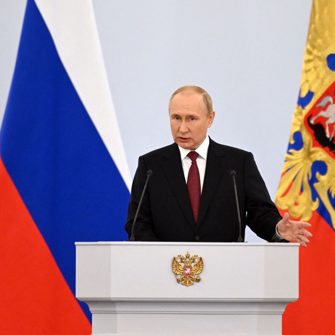 Russian President Vladimir Putin gives a speech at the Kremlin in Moscow on Sept. 30, 2022. 