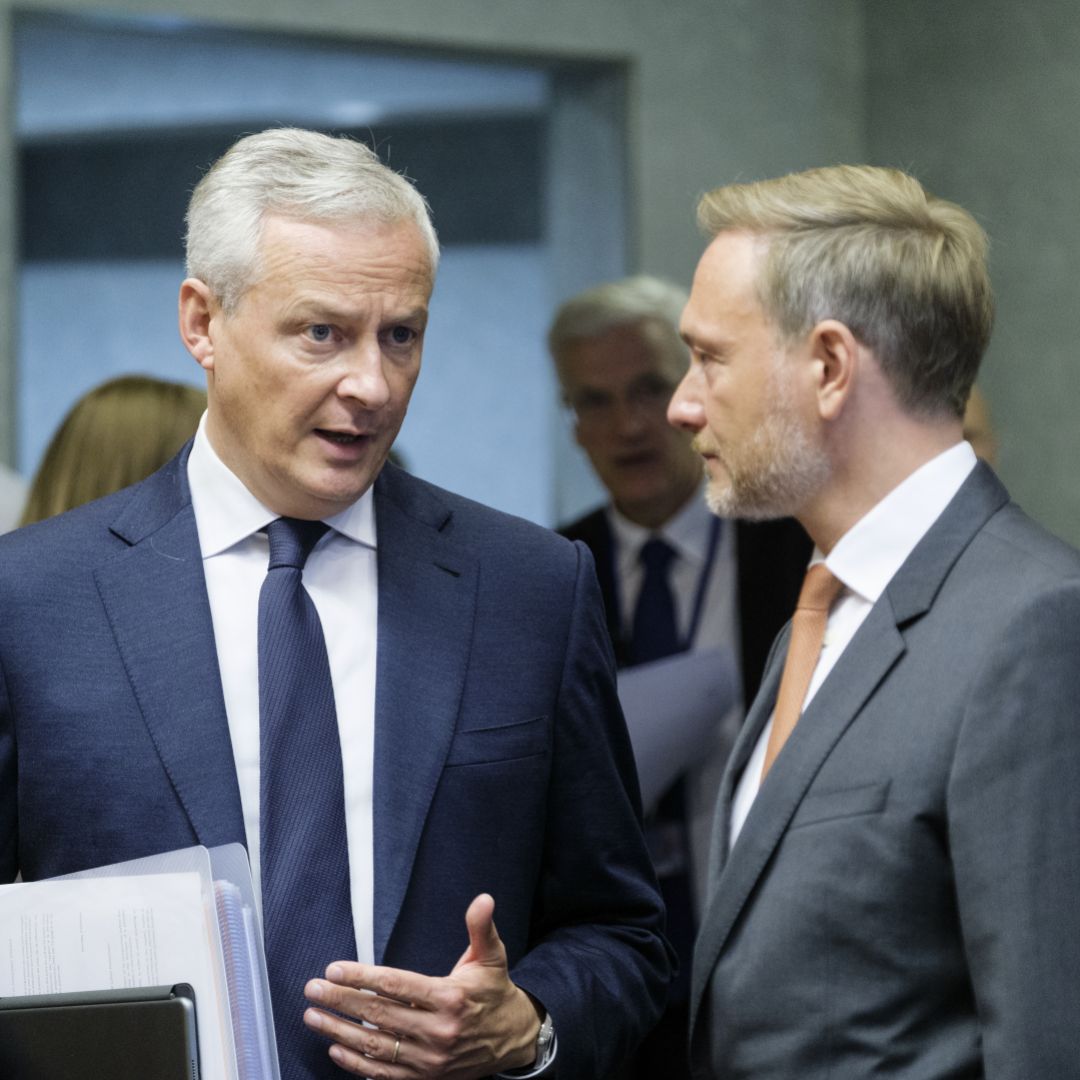 French Economy and Finance Minister Bruno Le Maire (left) talks with German Finance Minister Christian Lindner (right) before a Eurogroup meeting in Luxembourg on Oct. 3, 2022. French Economy and Finance Minister Bruno Le Maire (left) talks with German Finance Minister Christian Lindner (right) before a Eurogroup meeting in Luxembourg on Oct. 3, 2022.