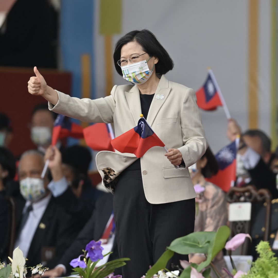 Taiwanese President Tsai Ing-wen (left) and Vice President William Lai attend a ceremony to mark the island's National Day in front of the Presidential Office in Taipei on Oct. 10, 2022. Taiwanese President Tsai Ing-wen (left) and Vice President William Lai attend a ceremony to mark the island's National Day in front of the Presidential Office in Taipei on Oct. 10, 2022.