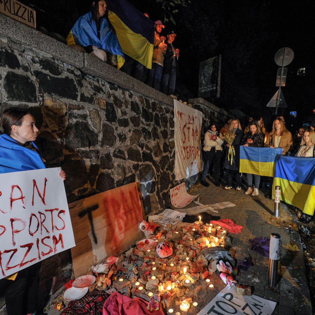 People demonstrate outside the Iranian embassy in Kyiv, Ukraine, on Oct. 17, 2022, after the city was hit by swarms of drones sold by Iran to Russia, leaving at least three dead. People demonstrate outside the Iranian embassy in Kyiv, Ukraine, on Oct. 17, 2022, after the city was hit by swarms of drones sold by Iran to Russia, leaving at least three dead.