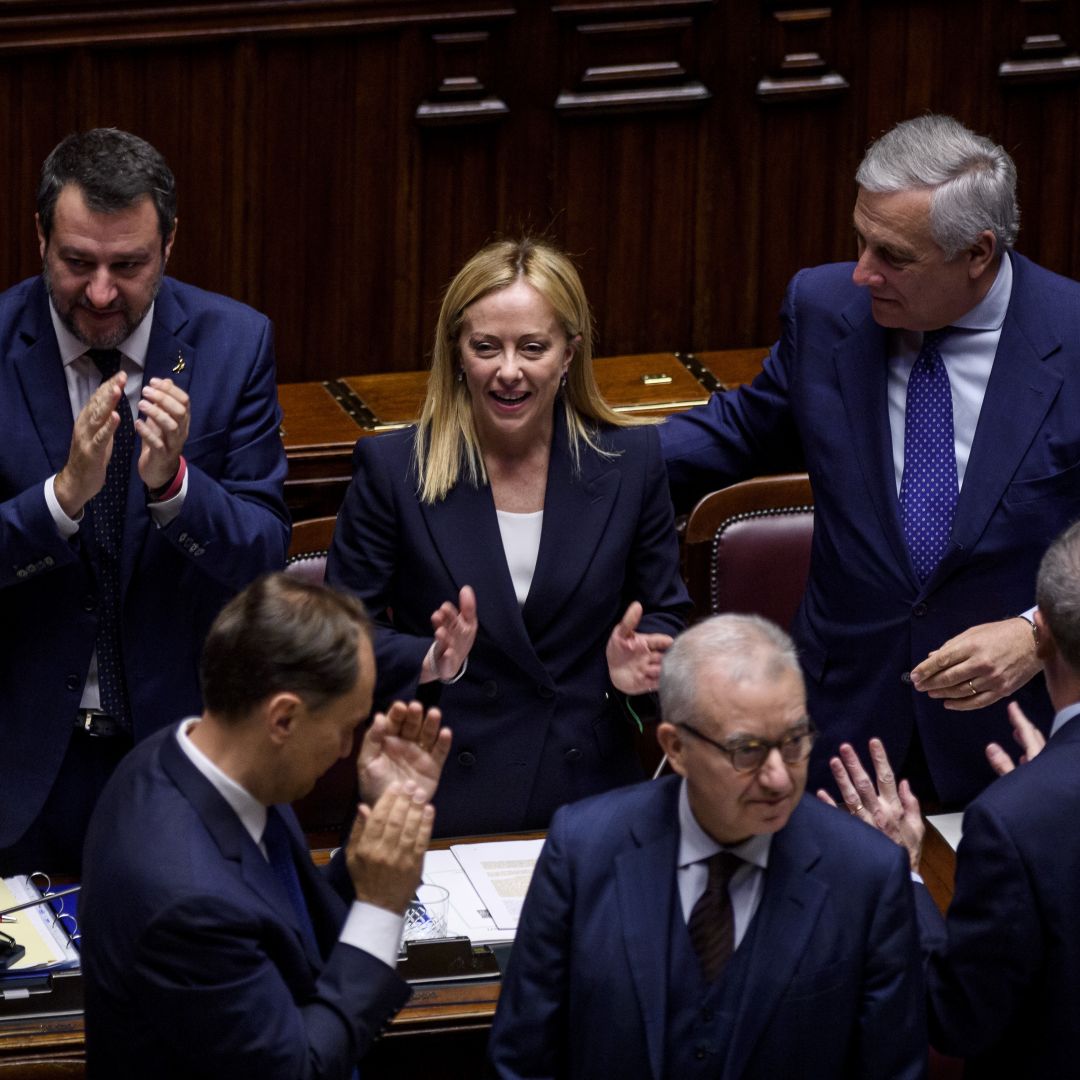 Italian Prime Minister Giorgia Meloni and members of her newly appointed cabinet attend a debate in Italy’s Chamber of Deputies ahead of the confidence vote on the new Italian government on Oct. 25, 2022. Italian Prime Minister Giorgia Meloni and members of her newly appointed cabinet attend a debate in Italy’s Chamber of Deputies ahead of the confidence vote on the new Italian government on Oct. 25, 2022.