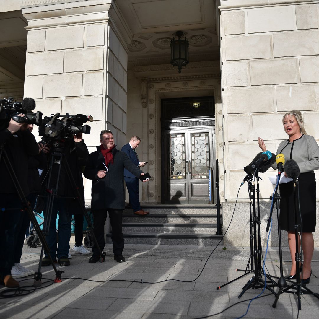 Sinn Fein vice president Michelle O'Neill holds a press conference outside the Northern Ireland Assembly in Belfast on Nov. 9, 2022, after the United Kingdom announced an extended deadline for Northern Ireland's main parties to form a government before a new election is triggered. 