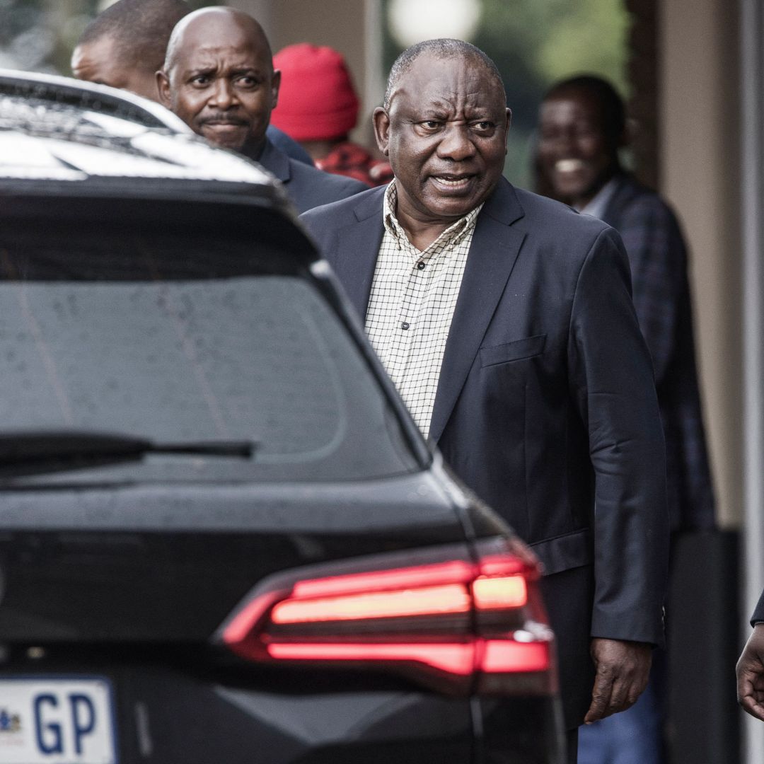 South African President Cyril Ramaphosa (center) leaves an ANC national executive committee meeting in Johannesburg on Dec. 5, 2022. South African President Cyril Ramaphosa (center) leaves an ANC national executive committee meeting in Johannesburg on Dec. 5, 2022.