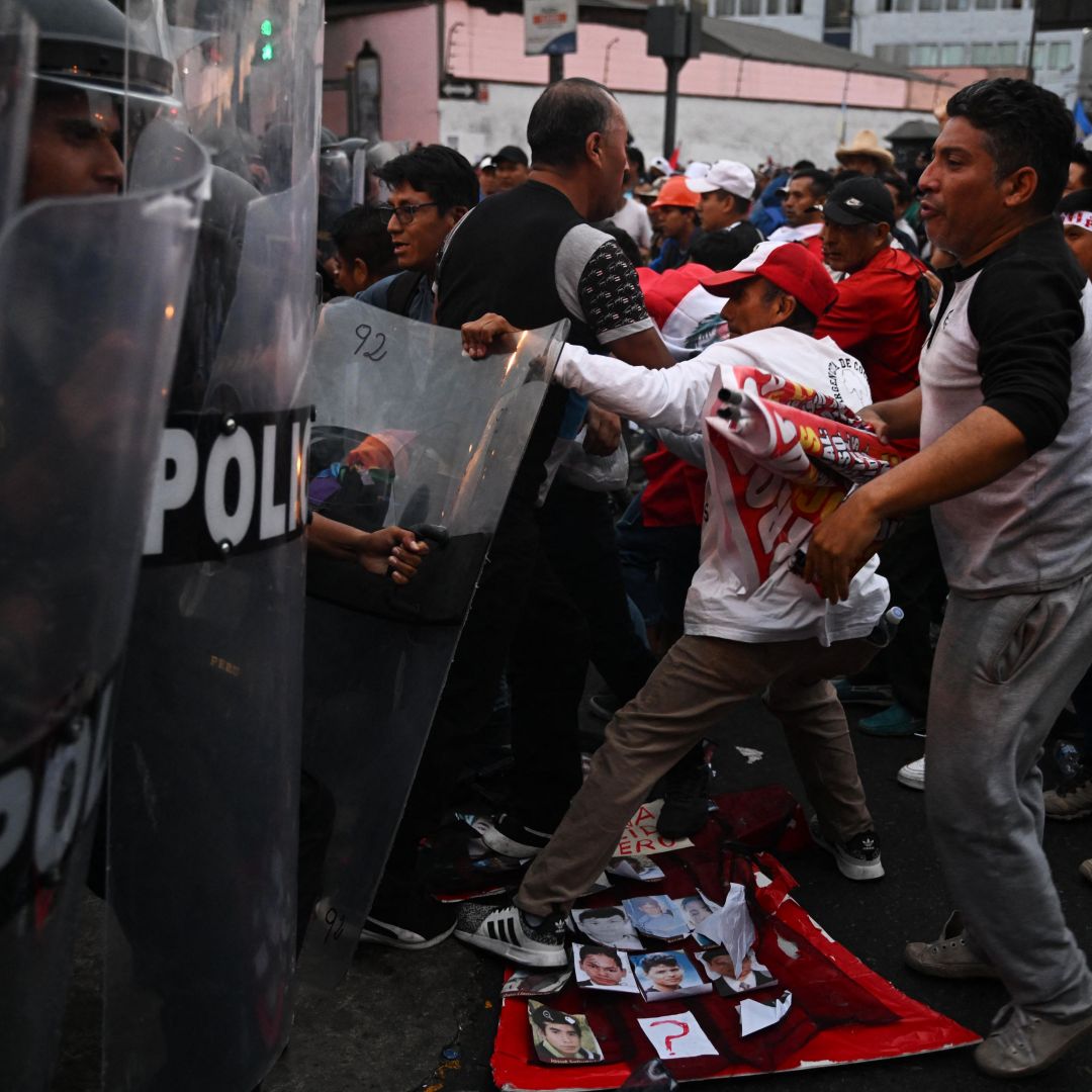 Protestors clash with the police in Lima, Peru, during a demonstration against Peruvian President Dina Boluarte's government on Jan. 4, 2023. 