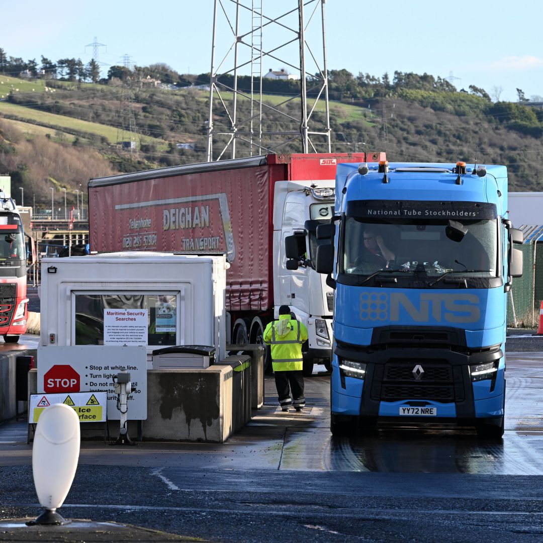 Trucks carrying goods are checked upon arriving at the port in Larne, Northern Ireland, on Jan. 17, 2023. Trucks carrying goods are checked upon arriving at the port in Larne, Northern Ireland, on Jan. 17, 2023.