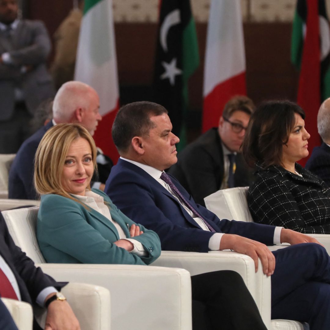 Italian Prime Minister Giorgia Meloni (2nd L) and Libya's Tripoli-based Prime Minister Abdul Hamid Dbeibah (3rd L) attend an agreement-signing ceremony between Italian multinational oil and gas company Eni and the Libyan National Oil Corporation in Tripoli, Libya, on Jan. 28, 2023.