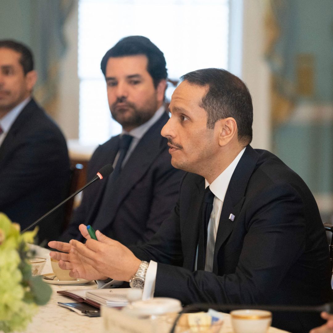 Qatar's then deputy prime minister and foreign minister, Mohammed bin Abdulrahman Al Thani (center), speaks during a meeting with U.S. Secretary of State Antony Blinken, in Washington D.C. on Feb. 10, 2023. 