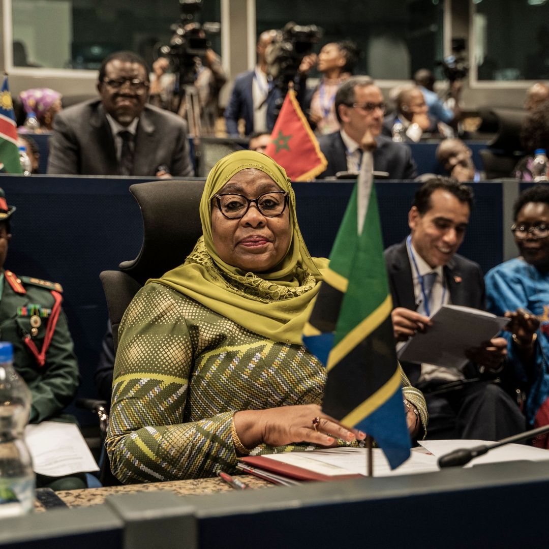 Tanzanian President Samia Suluhu Hassan (center) attends a mini-summit on the sidelines of the 36th Ordinary Session of the Assembly of the African Union (AU) in Addis Ababa, Ethiopia, on Feb.17, 2023.