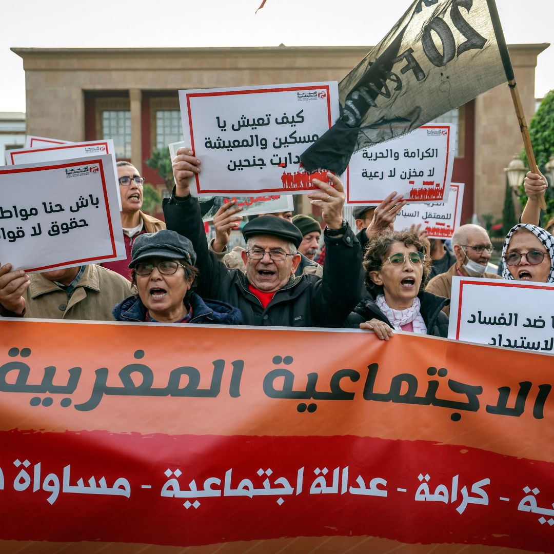 People protest against high living costs in Rabat, Morocco, on Feb. 20, 2023.