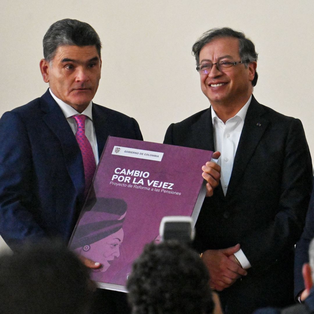 Colombian President Gustavo Petro (center) presents his government's pension reform bill to lawmakers in Congress in Bogota, Colombia, on March 22, 2023. Colombian President Gustavo Petro (center) presents his government's pension reform bill to lawmakers in Congress in Bogota, Colombia, on March 22, 2023.