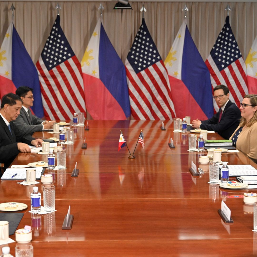 U.S. Defense Secretary Lloyd Austin (right) meets with his Philippine counterpart, Carlito Galvez (left), at the Pentagon in Washington, D.C., on April 12, 2023.