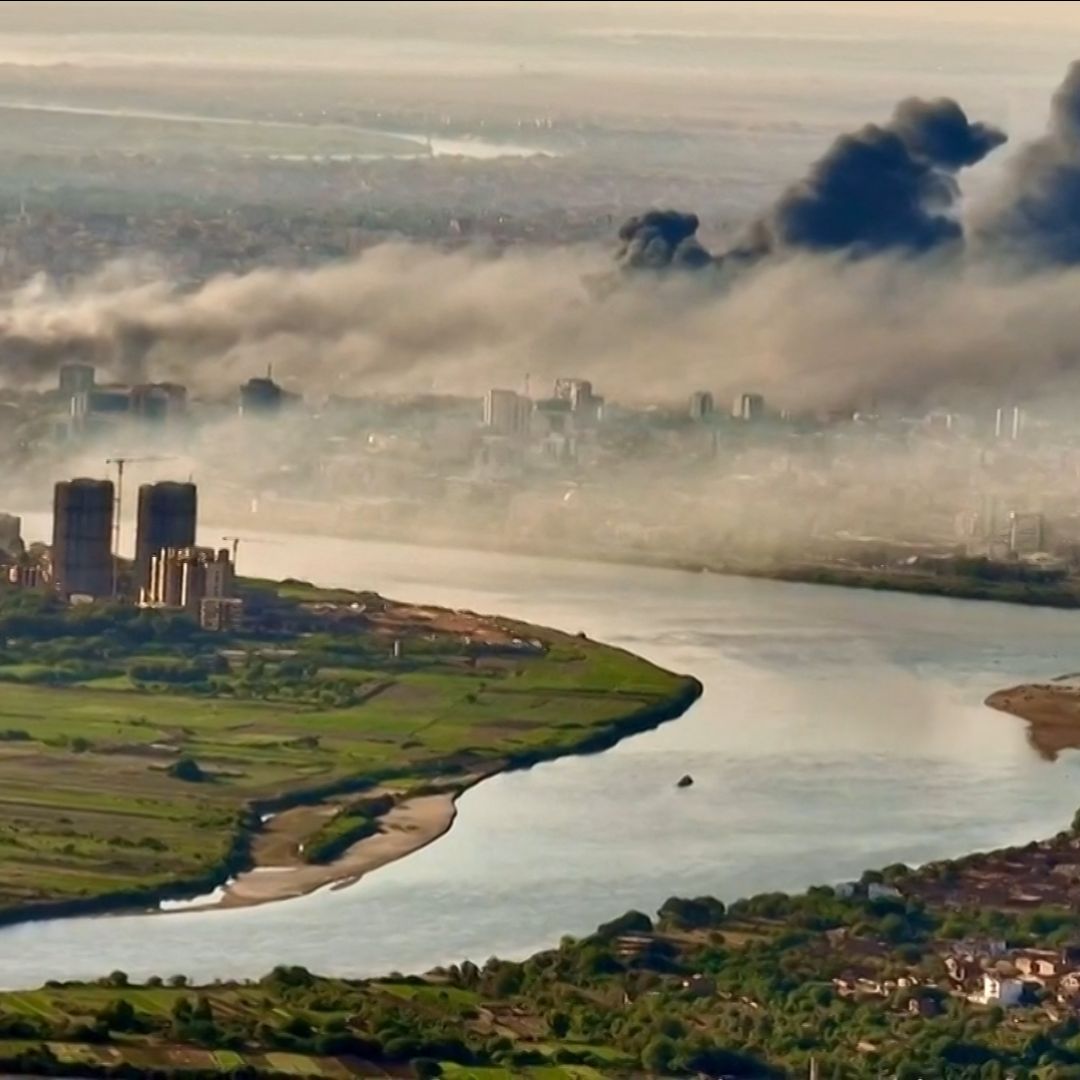 Black smoke covers the sky above Khartoum, Sudan, on April 19, 2023, amid ongoing clashes between rival armed forces in the capital city.