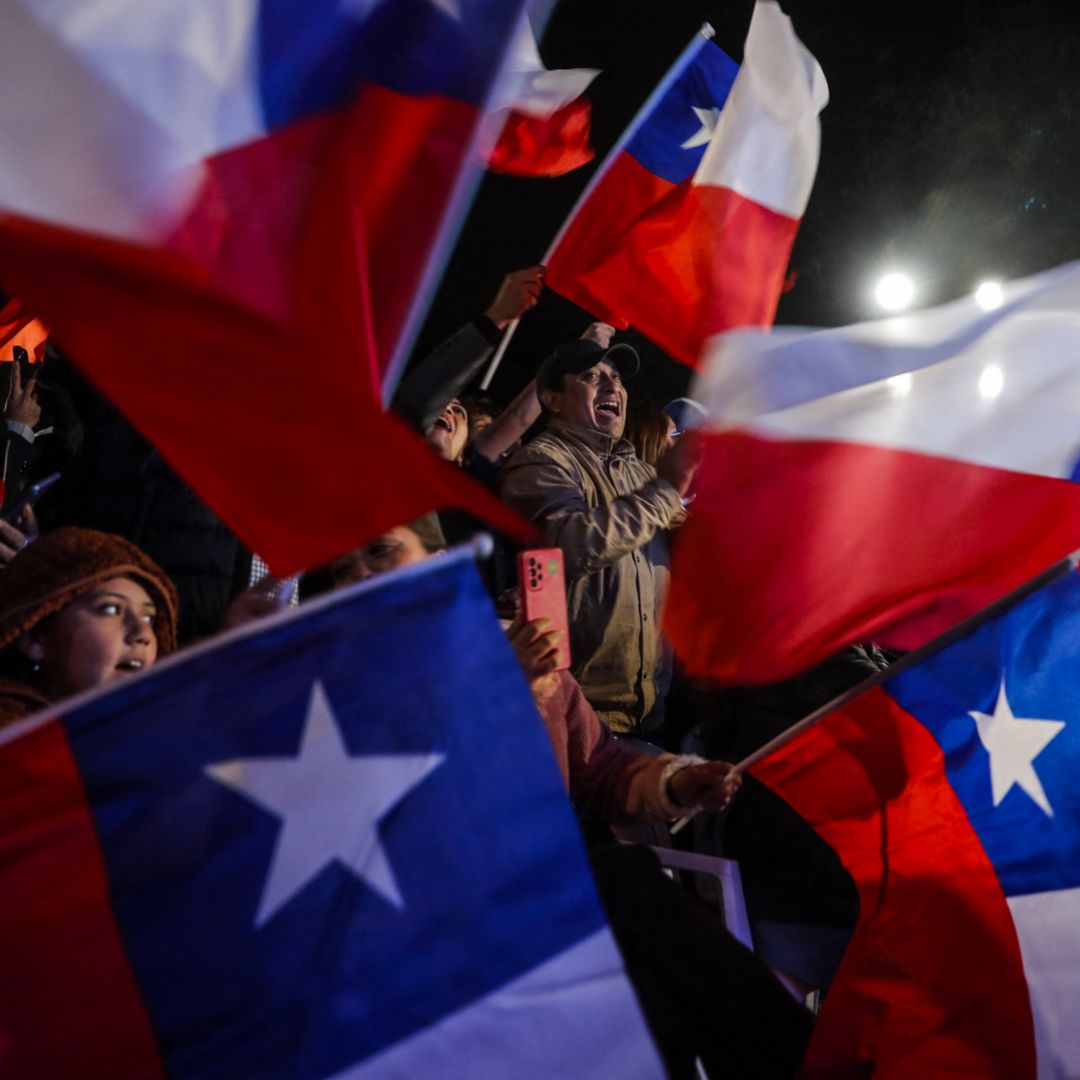 Supporters of Chile's far-right Republican Party celebrate their victory in the Constitutional Council election on May 7, 2023.