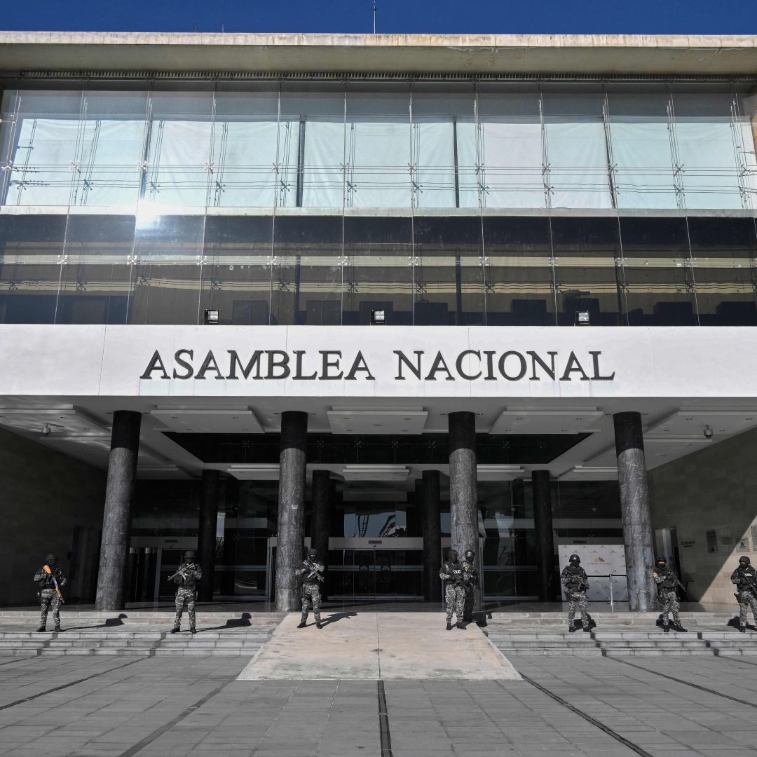 Police forces stand guard outside Ecuador's National Assembly in Quito after the country's president issued a decree dissolving the legislature on May 17, 2023. Police forces stand guard outside Ecuador's National Assembly in Quito after the country's president issued a decree dissolving the legislature on May 17, 2023.