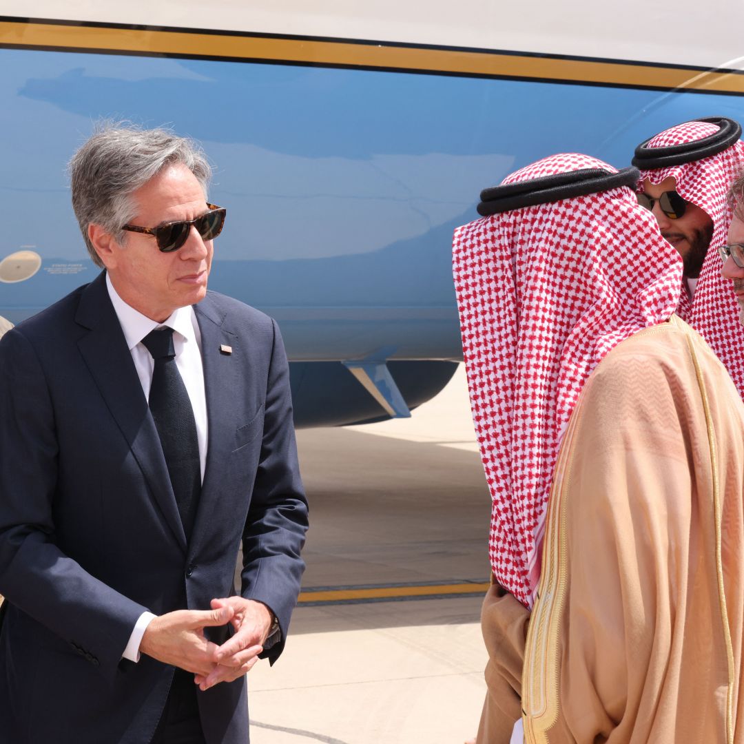 U.S. Secretary of State Antony Blinken is welcomed by Saudi officials upon arriving in Riyadh on June 7, 2023. U.S. Secretary of State Antony Blinken is welcomed by Saudi officials upon arriving in Riyadh on June 7, 2023.