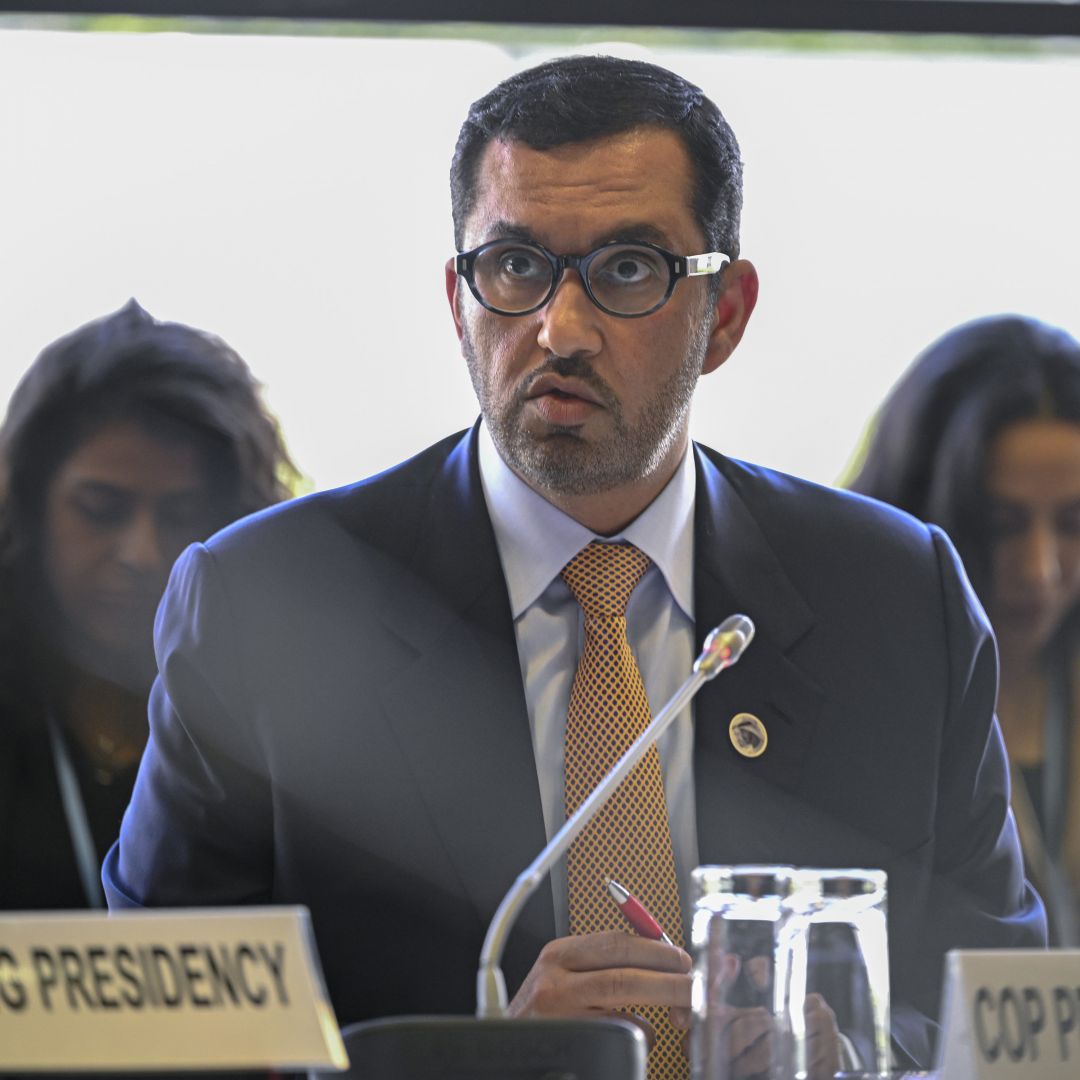 Sultan al-Jaber, the president-designate of the COP28 climate conference and CEO of the Abu Dhabi National Oil Company, speaks at the Bonn Climate Change Conference on June 8, 2023, in Bonn, Germany. Sultan al-Jaber, the president-designate of the COP28 climate conference and CEO of the Abu Dhabi National Oil Company, speaks at the Bonn Climate Change Conference on June 8, 2023, in Bonn, Germany.