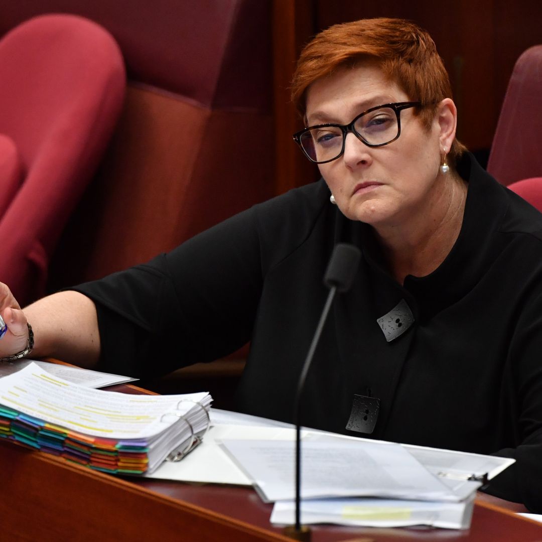 Australian Foreign Minister Marise Payne takes questions during a Senate hearing on Feb. 22, 2021.