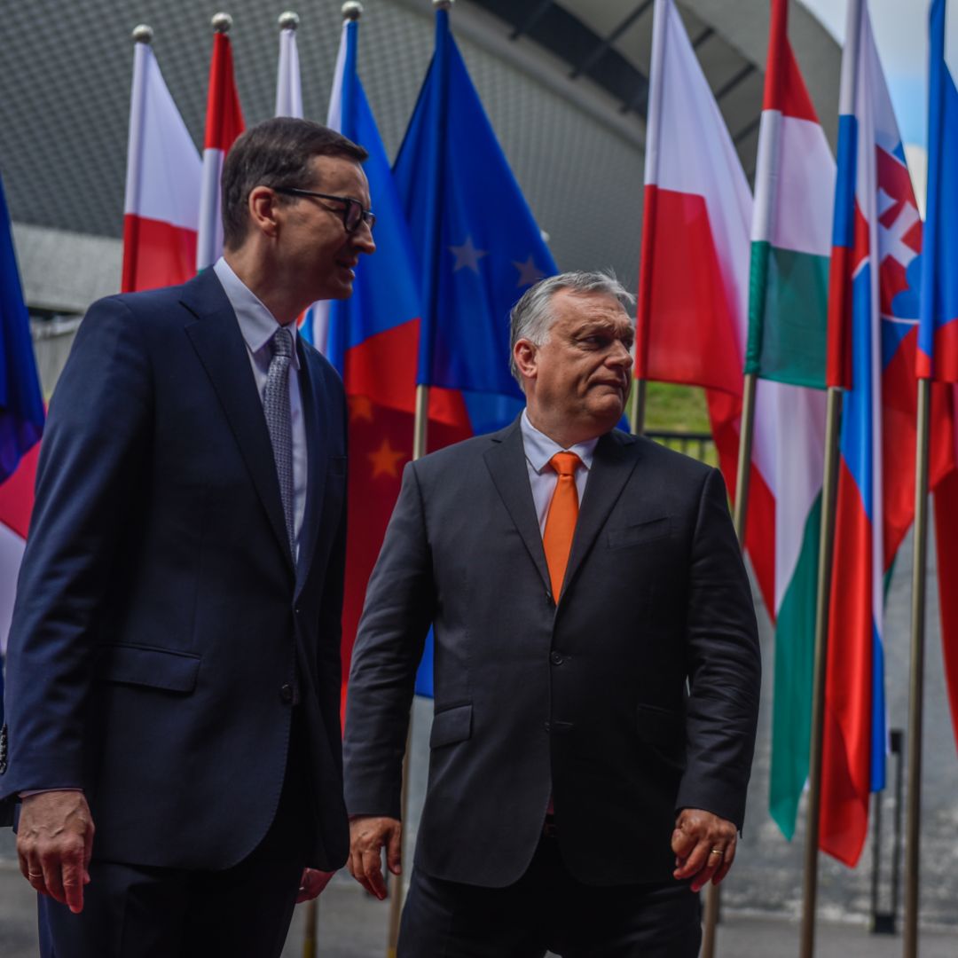 Polish Prime Minister Mateusz Morawiecki (left) welcomes his Hungarian counterpart, Viktor Orban, ahead of a meeting in Katowice, Poland, on June 30, 2021. Polish Prime Minister Mateusz Morawiecki (left) welcomes his Hungarian counterpart, Viktor Orban, ahead of a meeting in Katowice, Poland, on June 30, 2021.