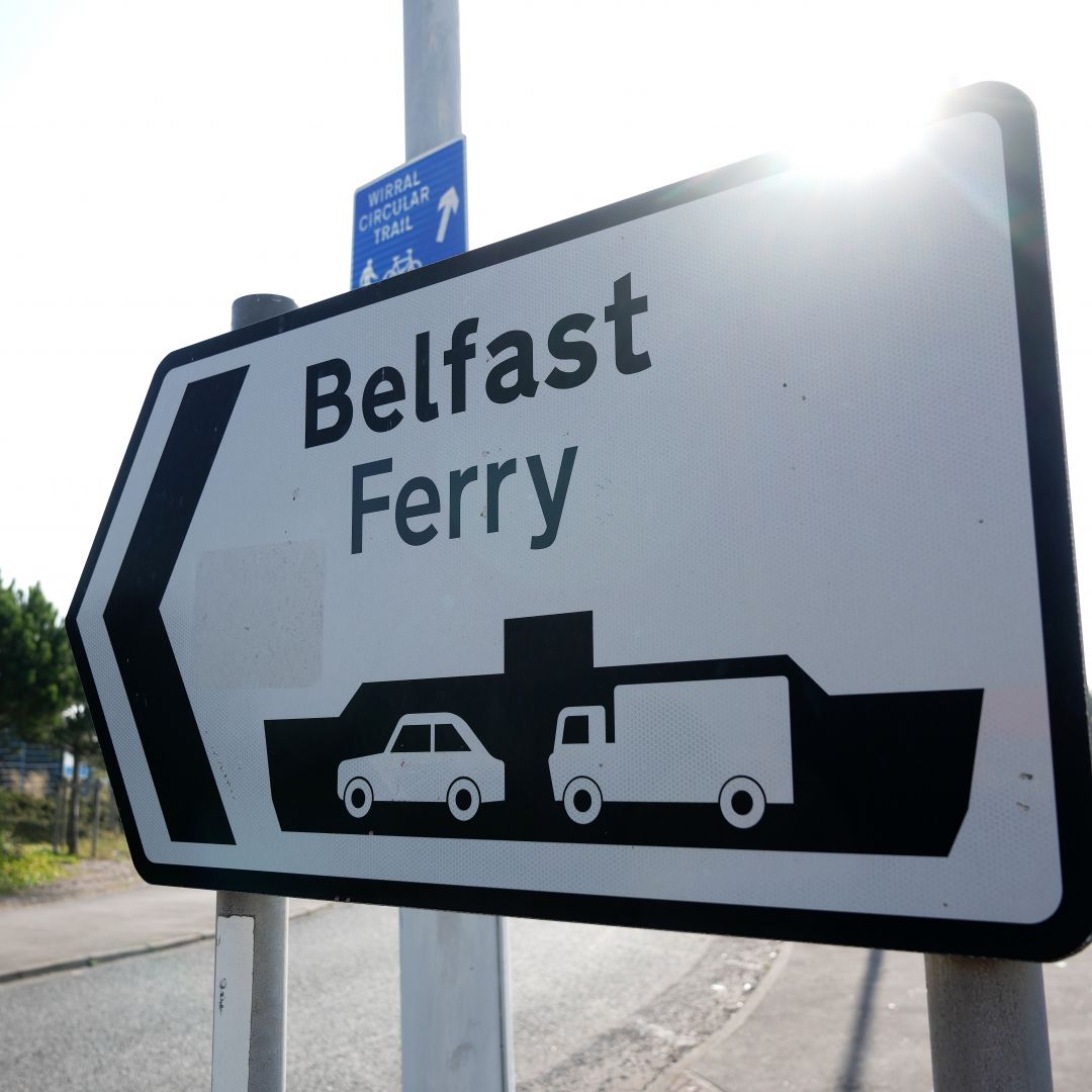 A sign is seen at Stena Line's Irish Sea ferry terminal in Liverpool on Sept. 7, 2021.