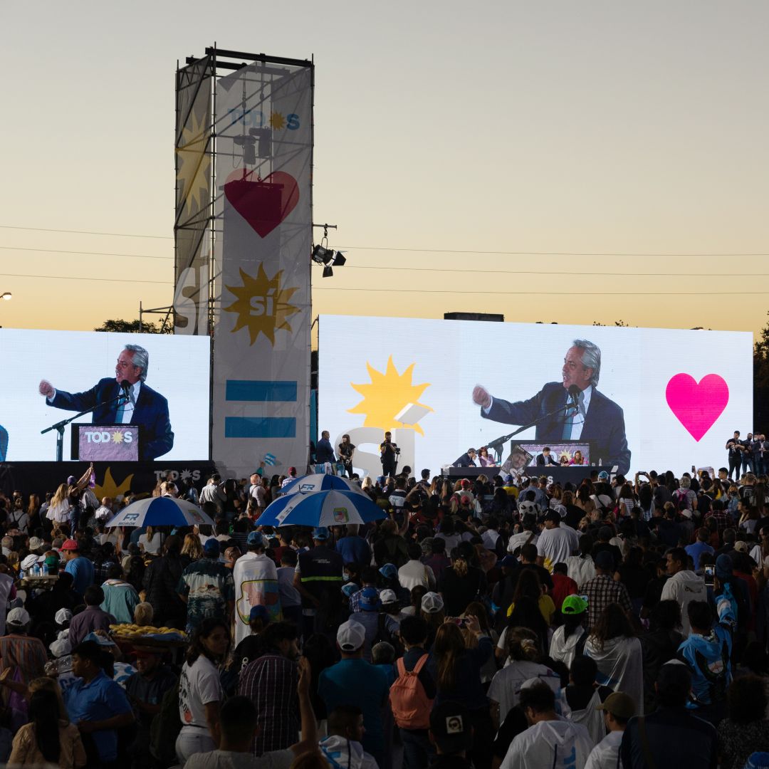 Argentine President Alberto Fernandez speaks during a rally in Merlo, Argentina, on Nov. 11, 2021, ahead of the country’s upcoming midterm elections. 