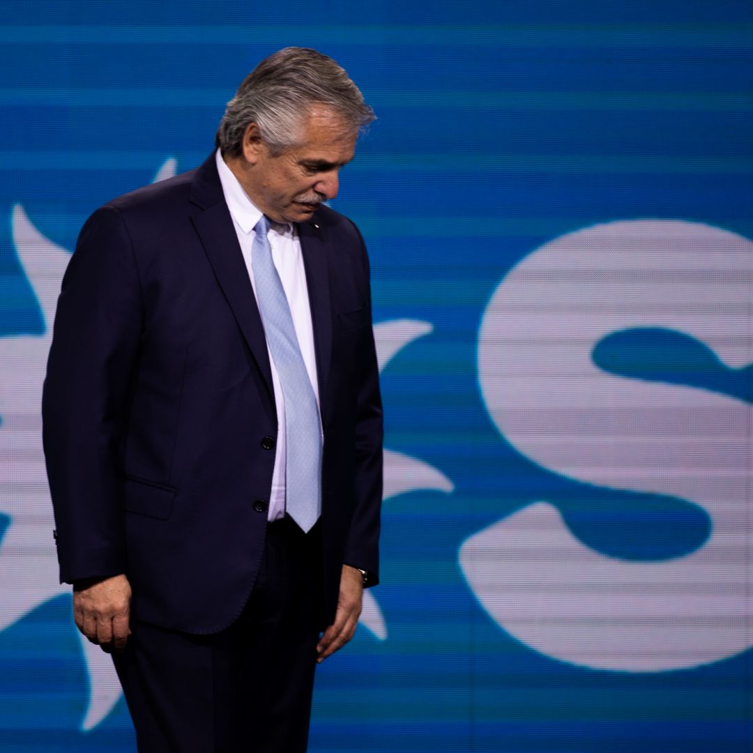 Argentine President Alberto Fernandez looks down from the stage at a Frente de Todos event in Buenos Aires, Argentina, on Nov. 14, 2021. Argentine President Alberto Fernandez looks down from the stage at a Frente de Todos event in Buenos Aires, Argentina, on Nov. 14, 2021.