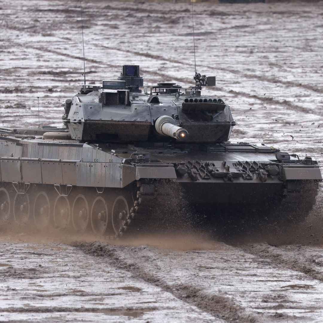A Leopard 2 A6 heavy battle tank participates in a demonstration of capabilities during a visit by German Defence Minister Christine Lambrecht to the Bundeswehr Army training grounds on Feb. 7, 2022, in Munster, Germany. A Leopard 2 A6 heavy battle tank participates in a demonstration of capabilities during a visit by German Defence Minister Christine Lambrecht to the Bundeswehr Army training grounds on Feb. 7, 2022, in Munster, Germany.