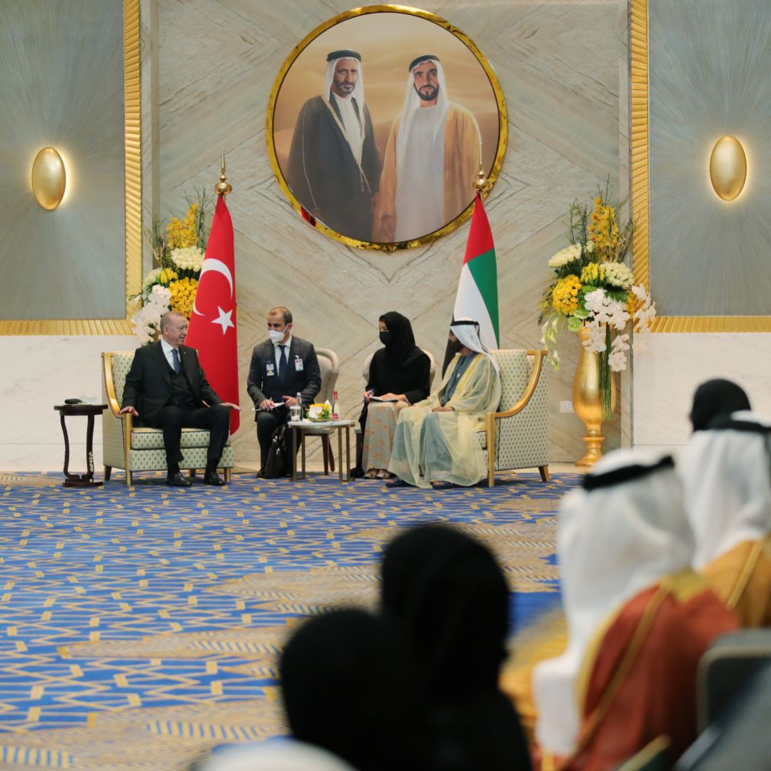 Turkish President Recep Tayyip Erdogan meets with Dubai’s emir during a visit to the United Arab Emirates on Feb. 15, 2022. 