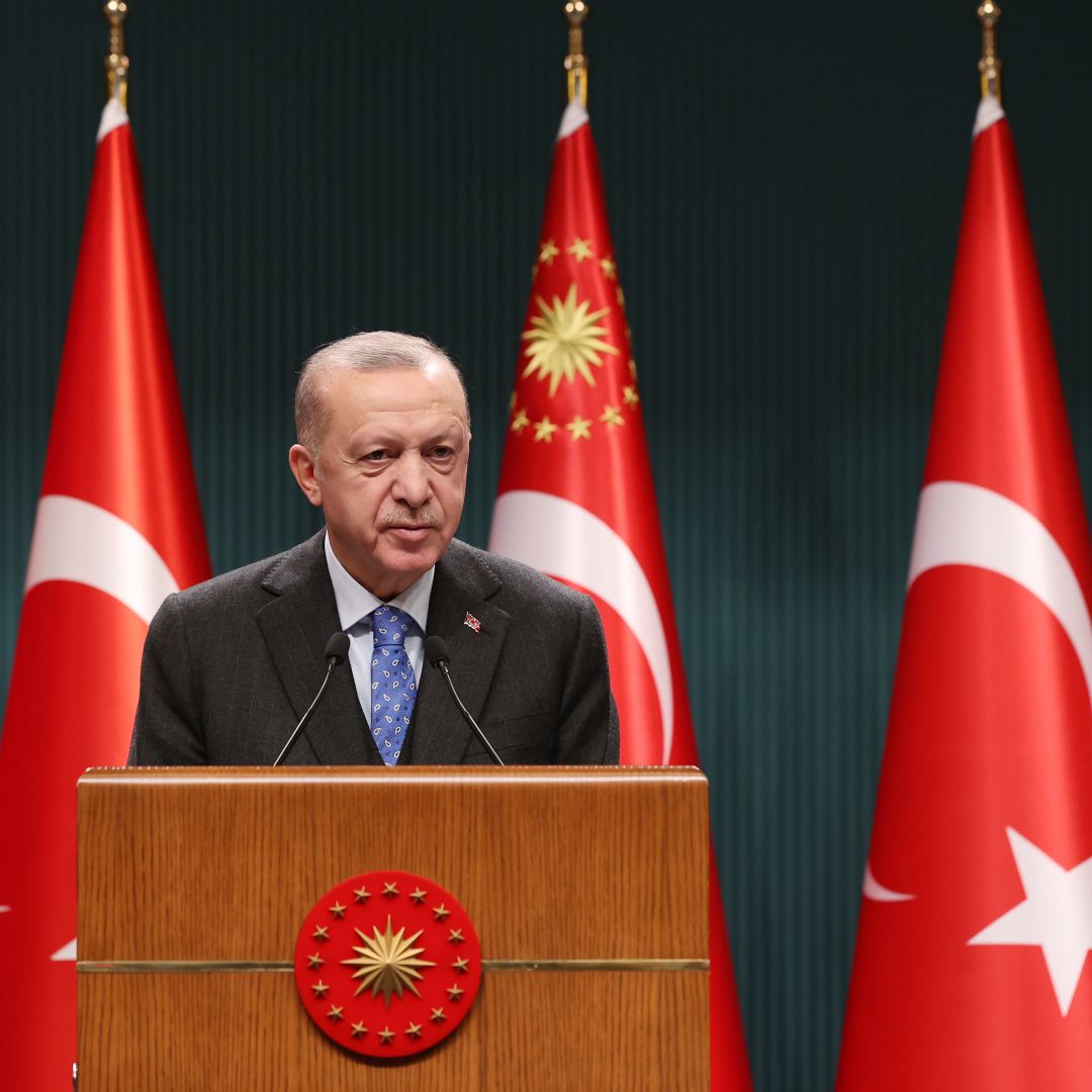 Turkish President Recep Tayyip Erdogan makes a statement on Feb. 28, 2022, in Ankara after holding a cabinet meeting focused on the Russia-Ukraine crisis.