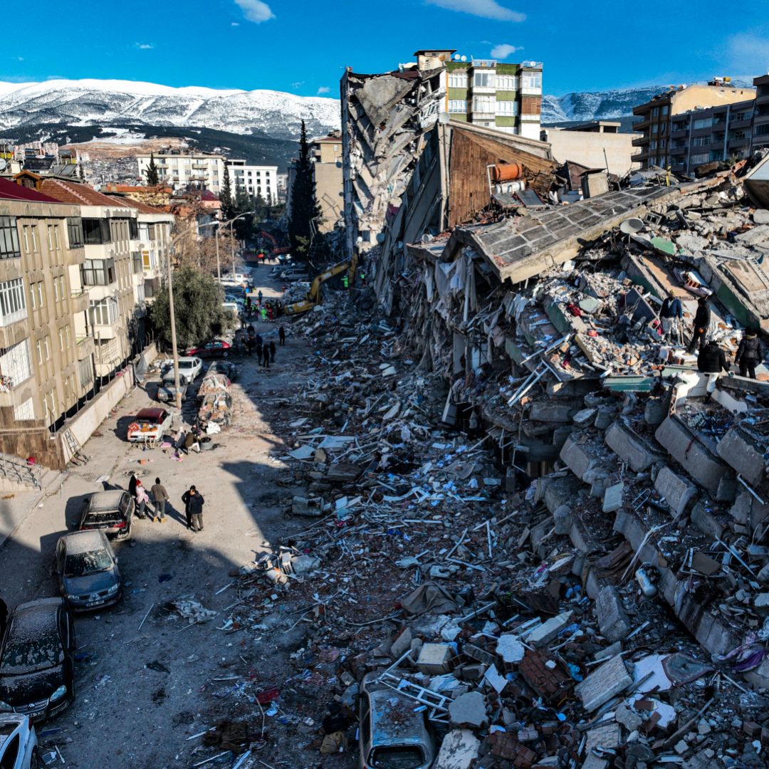 An aerial view shows destroyed buildings in Kahramanmaras, Turkey, on Feb. 8, 2023, after a 7.8-magnitude earthquake hit the region in the early hours of Feb. 6, followed by another 7.5-magnitude tremor just after midday.