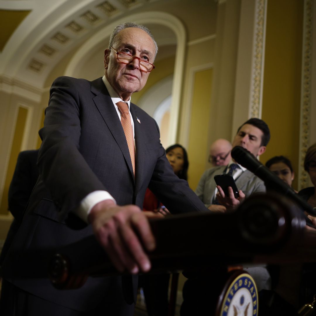 Senate Majority Leader Chuck Schumer (D-NY) talks to reporters following the weekly Senate Democratic policy luncheon at the U.S. Capitol on Feb. 28, 2023, in Washington, D.C. 