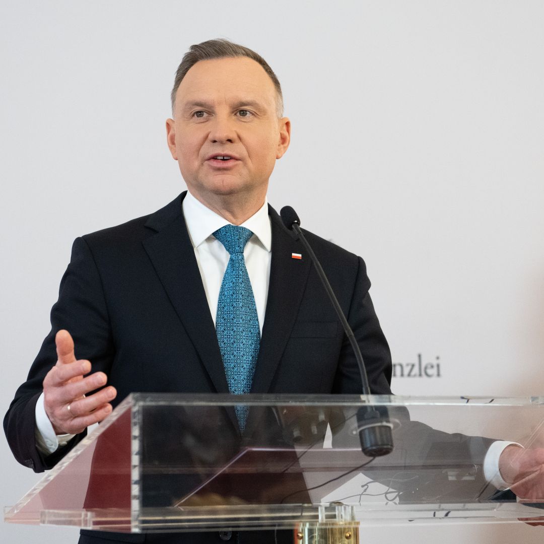 Polish President Andrzej Duda speaks during a press conference in April 14, 2023. Polish President Andrzej Duda speaks during a press conference in April 14, 2023.