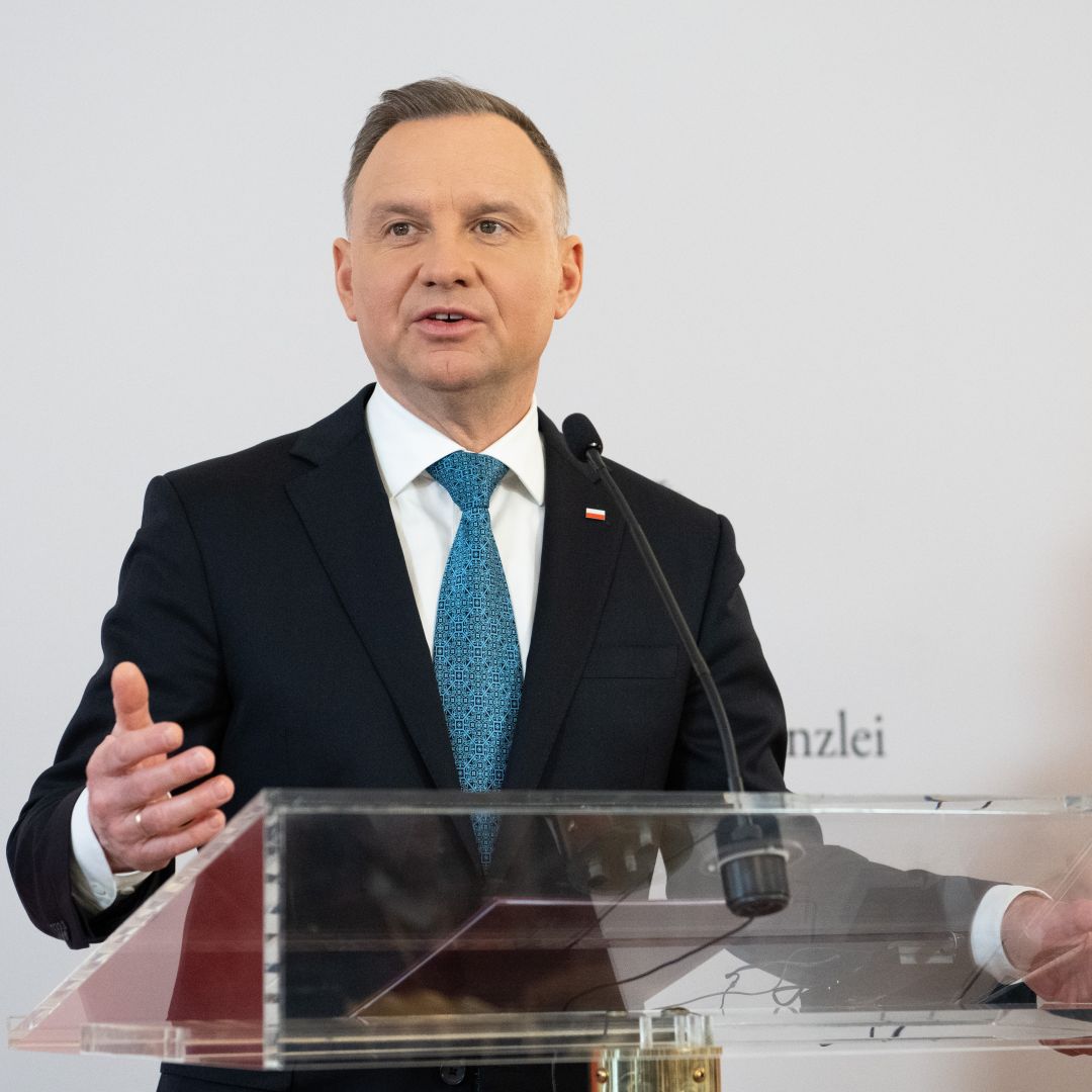 Polish President Andrzej Duda speaks during a press conference in April 14, 2023. 