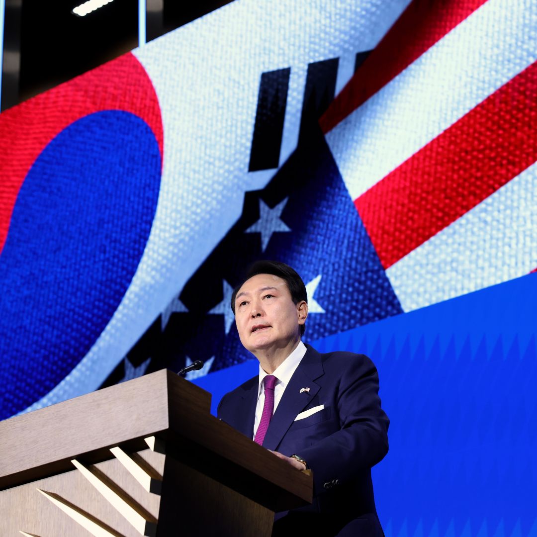 South Korean President Yoon Suk Yeol delivers remarks during a U.S.-Korea Business Forum at the U.S. Chamber of Commerce on April 25, 2023, in Washington, D.C. 