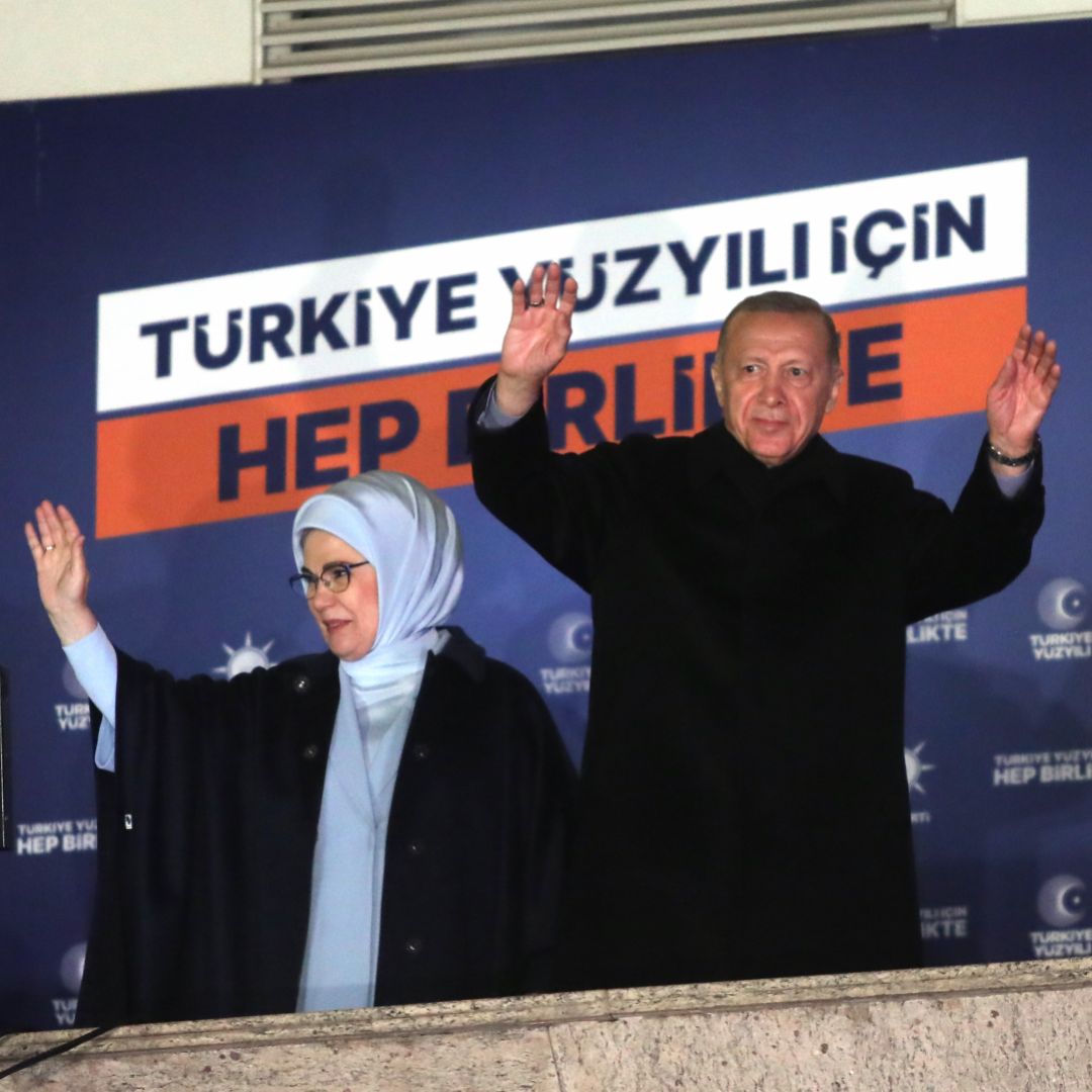 Turkish President Recep Tayyip Erdogan waves to his supporters from a balcony in Ankara, Turkey, on May 15, 2023. Turkish President Recep Tayyip Erdogan waves to his supporters from a balcony in Ankara, Turkey, on May 15, 2023.